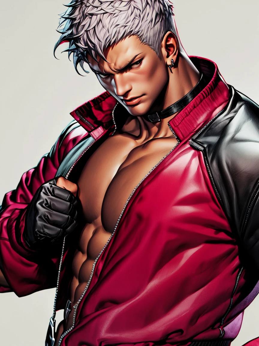masterpiece, 1 chico, ABS, Only, completely naked, heart choker, Yashiro (kof), Alone, looking at the viewer, short hair, simple background, gloves, 1 chico, White background, jewelry, jacket, Upper part of the body, by white, male focus, heart, open clothing, choker, open jacket, muscular, black choker, ABS, Pectorals, Muscular male, Only, red jacket, large Pectorals, leather, pectoral neckline, making signs