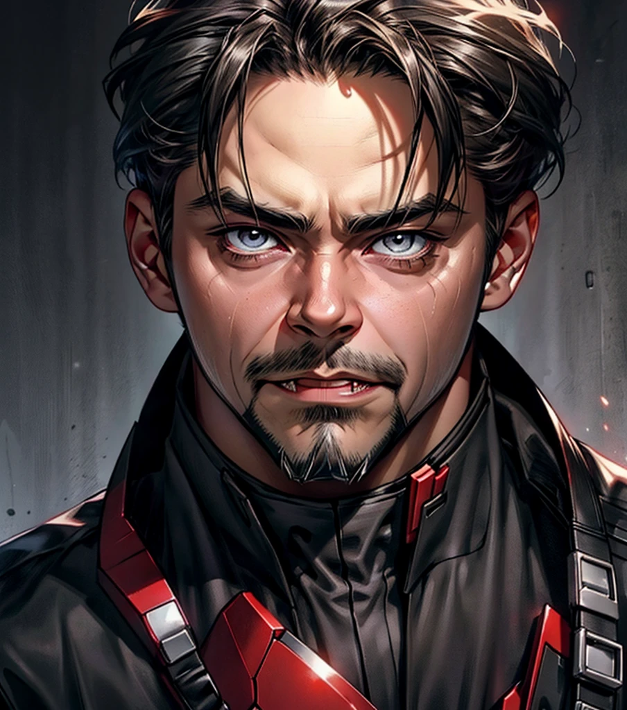Demon Tony Stark, Young face, sharp fangs, eyes glow brightly, looking into the camera, Face darkened, Half-turn face, dark background, portrait, gloomy, gray in color