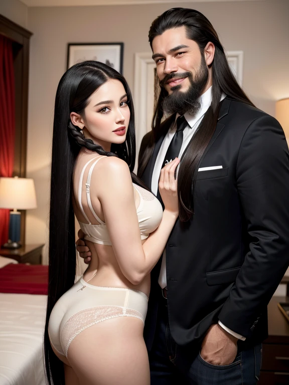 man kiss lips woman,A man with a perfect face stands next to a woman with a perfect face. They both want underwear clothes and they stand in the guest room with a red cake in front of themThe woman has very long black hair, styled in braids, and the man has a large beard and mustache ,two smiling faces,realisian model , realistic style 