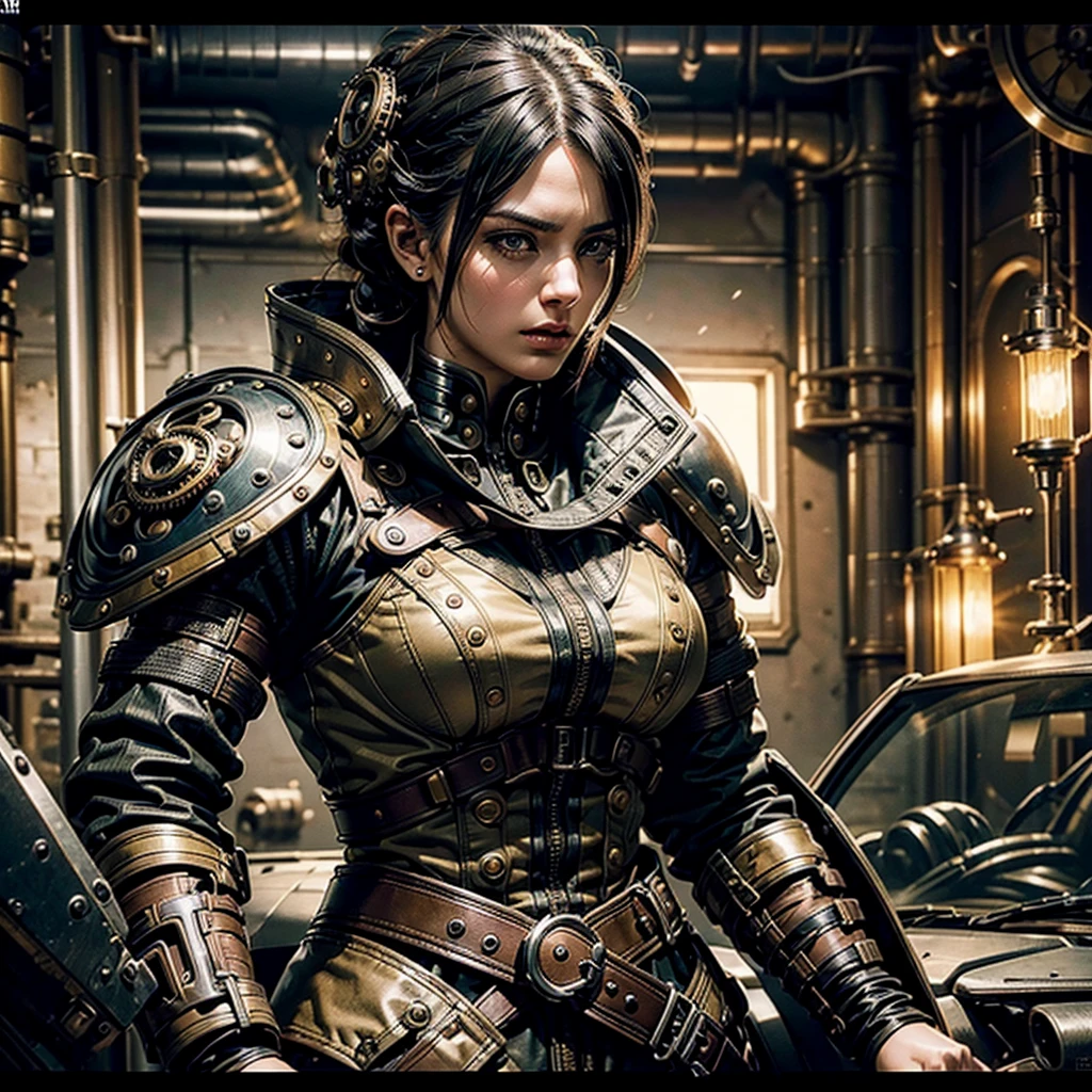 a woman in a steampunk military uniform ready to fight on a battlefield, surrounded by threatening surreal figures, mechanical gears, cogs, high-quality detailed illustration, cinematic lighting, dramatic, moody, dark, gritty, (best quality,4k,8k,highres,masterpiece:1.2),ultra-detailed,(realistic,photorealistic,photo-realistic:1.37),HDR,studio lighting,extreme detail description,professional,vivid colors
