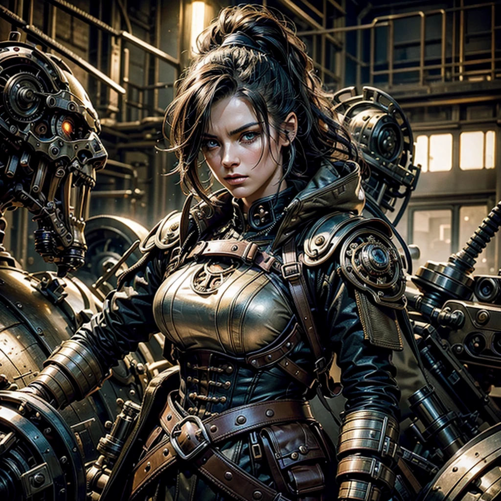 a sexy hot woman in a steampunk military uniform, intricate mechanical details, surrounded by threatening surreal figures, dark ominous battlefield, dramatic lighting, cinematic composition, intricate steampunk machinery, highly detailed, photorealistic, (best quality,4k,8k,highres,masterpiece:1.2),ultra-detailed,(realistic,photorealistic,photo-realistic:1.37),cinematic