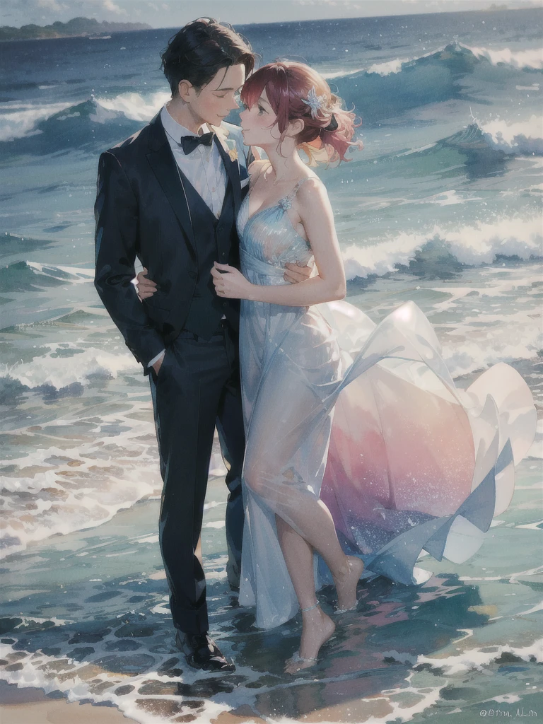 (1 couple)Wear formal attire,seaside,Real watercolor,Water Waves,Splashes,A little sad,Look at each other,Rich gradients,extreme colors,extreme details,Clear light perception, rich and colorful,Elegant atmosphere,High resolution, Blushing, sparkle effect, masterpiece, anatomically correct,Carve details