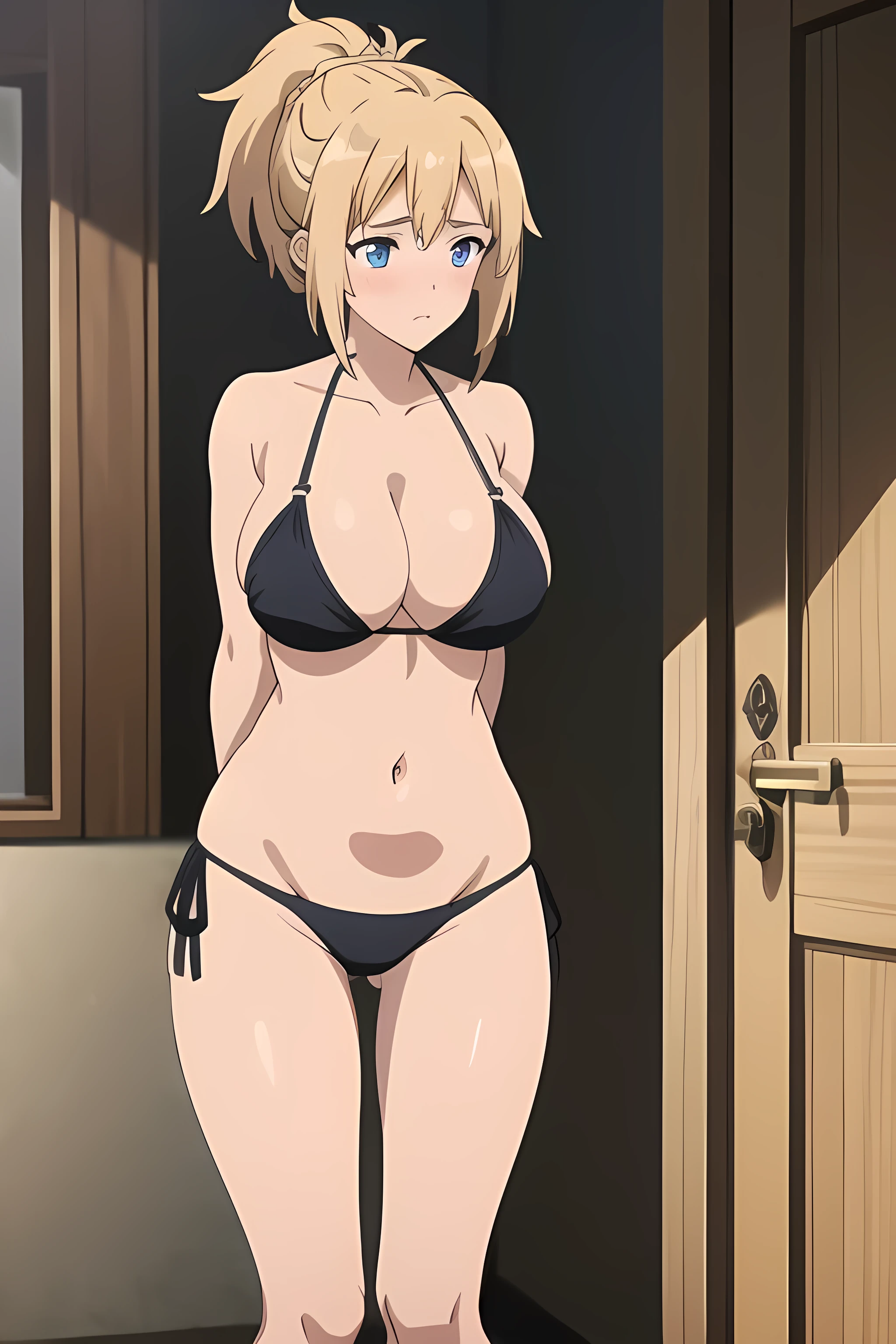 (masterpiece:1.2, best quality), (finely detailed beautiful eyes: 1.2), (extremely detailed CG unity 8k wallpaper, masterpiece, best quality, ultra-detailed), (masterpiece, best quality:1.2), 1girl, female solo, huge breasts, rounded breasts, shining breasts, perfect eyes, perfect face, perfect body, seductive,, looking at viewer, cleavage, ponytail, long hair, blonde hair, blue eyes, seductive, black bikini, blush on face, blush, standing, stand, bikini, black bikini, no clothes, no cloth, blushy, shy, blush