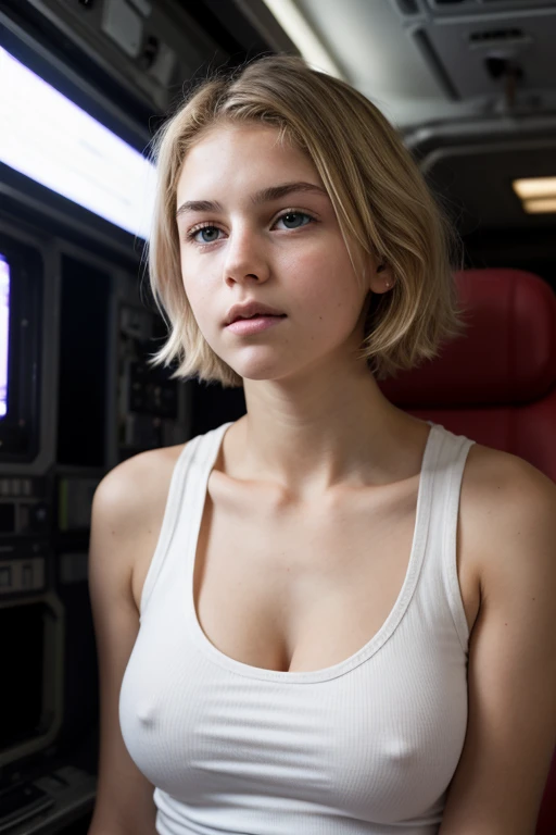 A troubled looking 19 yo blonde  girl in a white tank top in a space station.  Cleavage. Close up big nose. Full lips. Eyes wide. Slender face. Very short hair