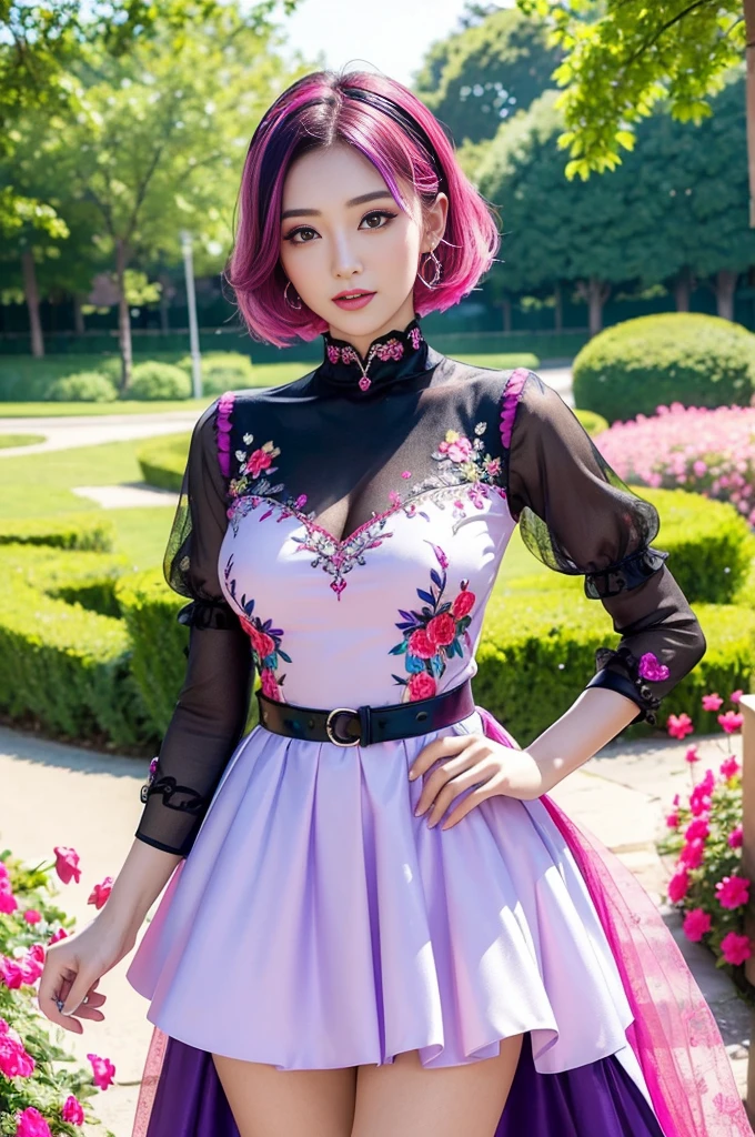 (masterpiece:1.4), (best quality:1.4), ultra high res, ultra high resolution, ((ultra detailed facial features)), HDR, (realistic, photorealistic, photo-realistic:1.37), full body Esbian, sexy Swedish model, (-anime), vivid colors, ((vivid colors multicolor (fuchsia, pink, light blue, purple) very short hair)), (seductive smile), ultra detailed metallic makeup, lip-gloss, long lashes, defined eyebrows, wearing large sparkling colorful jewelery, wearing a red silk Paradise Kiss cosplay dress with black floral embroidery, ((vivid colors outfit)), vivid colors, look at the camera, cinematic light, large park background with trees, sweet and sexy pose