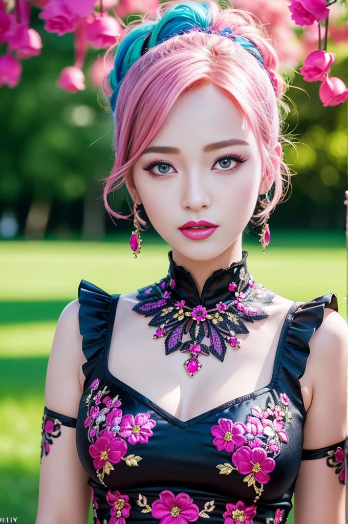 (masterpiece:1.4), (best quality:1.4), ultra high res, ultra high resolution, ((ultra detailed facial features)), HDR, (realistic, photorealistic, photo-realistic:1.37), full body Esbian, sexy Swedish model, (-anime), vivid colors, ((vivid colors multicolor (fuchsia, pink, light blue, purple) very short hair)), (seductive smile), ultra detailed metallic makeup, lip-gloss, long lashes, defined eyebrows, wearing large sparkling colorful jewelery, wearing a red silk Paradise Kiss cosplay dress with black floral embroidery, ((vivid colors outfit)), vivid colors, look at the camera, cinematic light, large park background with trees, sweet and sexy pose