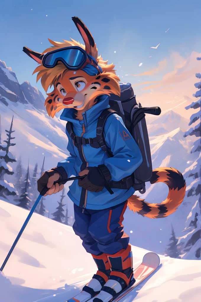 solo, skiing, slalom, snow sports, red nose, white gloves, skiing uniform, ski helmet, ski googles,  Tail, BonkersTVTonAniYif, focused look, determined, grinning, tongue out, [outdoors, snow, mountain] (beautiful, aesthetic, perfect, delicate, intricate, masterpiece,) [by dagasi|ancesra:0.6], [by foxovh|personalami:0.5], [by einshelm|tom_fischbach],