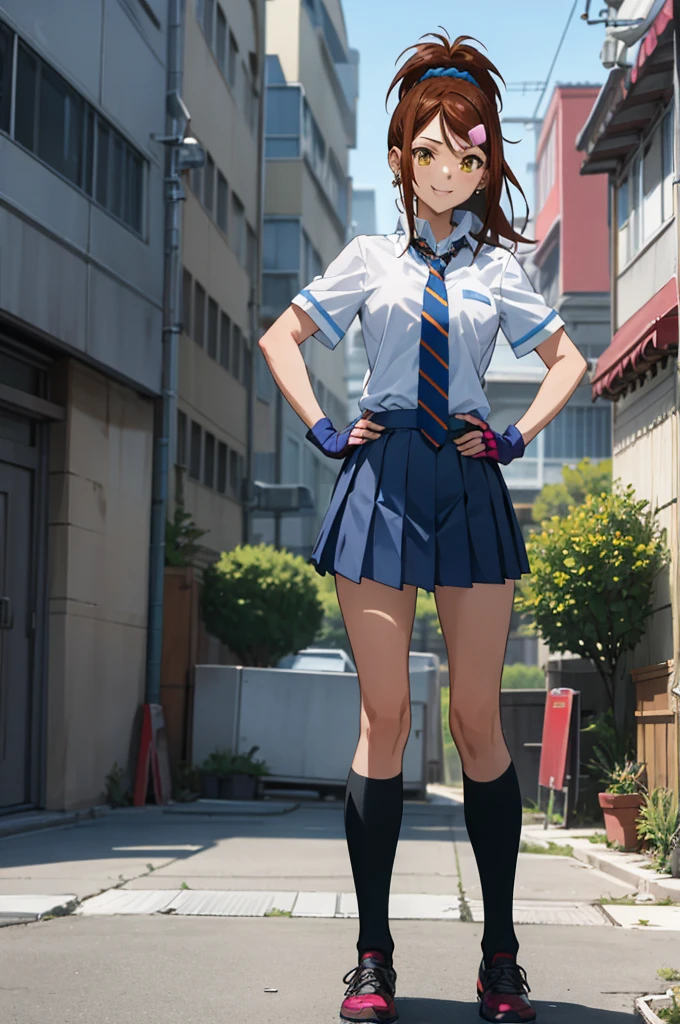 wzbachou_mouki, medium hair, brown hair,low ponytail, hair scrunchie,hair clip, yellow eyes, ,blue necktie, striped necktie, fingerless gloves, pink gloves, miniskirt, blue skirt, pleated skirt, white shirt, collared shirt, short sleeves, magatama earrings, standing, looking at viewer, outdoors, smile, hand on hip, 1girl, (masterpiece:1.3), high quality, highres, absurdres, solo