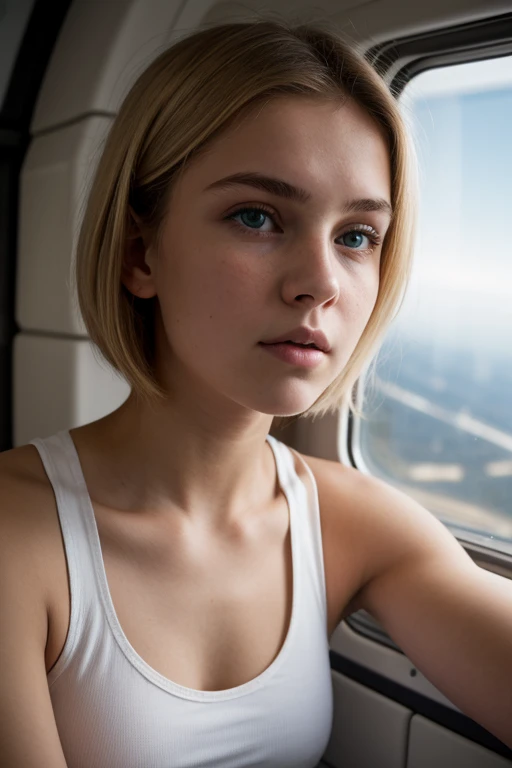 A troubled looking 19 yo blonde teen girl in a white tank top in a space station.  Cleavage. Close up big nose. Full lips. Eyes wide. Slender face. Very short hair