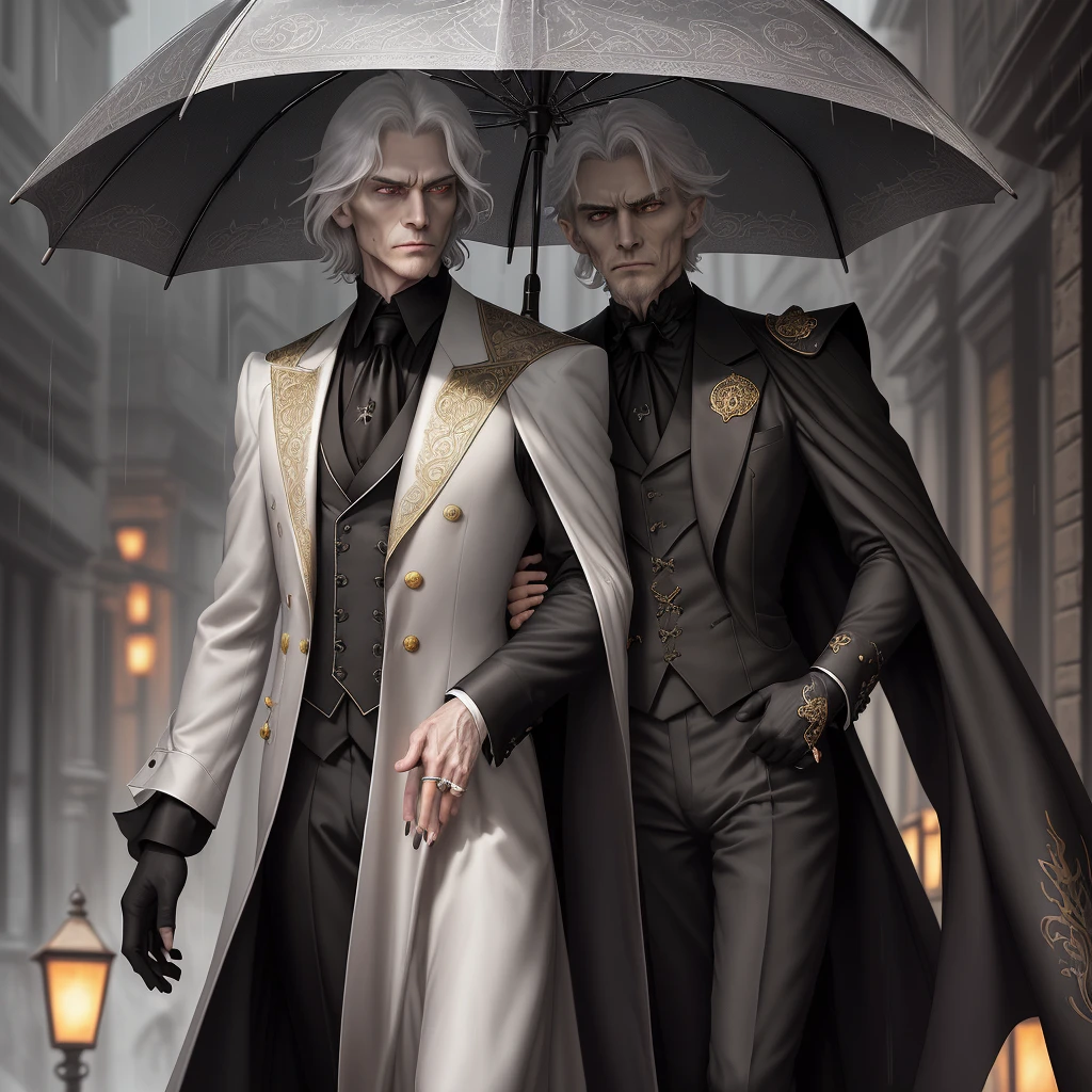 Create an image of a distinguished and imposing vampire man, lonely on a rainy night. His green eyes are piercing, as if capturing the light of a moon hidden by clouds. Your hair is short, black and well trimmed, highlighting the angular shape of your face and your striking features.
He wears a black velvet cape, which has a dark red lining with subtle gold leaf patterns, that shines in the diffused light. The cover is long and fluid, with a tail that extends dramatically behind him, moving with the breeze. Under the cover, He wears a black brocade vest with silver trim and a white shirt with a high collar, with slightly puffed sleeves.
In one hand, he holds a black umbrella, chic, with a silver handle carved with ancient symbols. Your slender, pale hands, with long fingers and well-groomed nails, contrast with the umbrella. On your ring finger, an antique silver ring with a detailed carved signet displays an emblem of an ancient noble family. The surrounding environment is a gloomy and empty street, illuminated only by the soft light of streetlights, accentuating its aura of mystery and power.