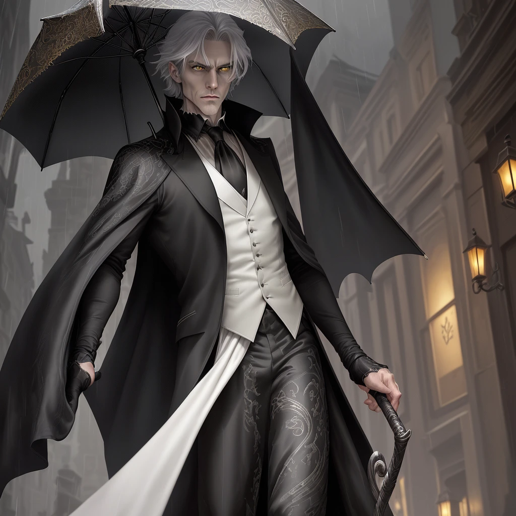 Create an image of a distinguished and imposing vampire man, lonely on a rainy night. His green eyes are piercing, as if capturing the light of a moon hidden by clouds. Your hair is short, black and well trimmed, highlighting the angular shape of your face and your striking features.
He wears a black velvet cape, which has a dark red lining with subtle gold leaf patterns, that shines in the diffused light. The cover is long and fluid, with a tail that extends dramatically behind him, moving with the breeze. Under the cover, He wears a black brocade vest with silver trim and a white shirt with a high collar, with slightly puffed sleeves.
In one hand, he holds a black umbrella, chic, with a silver handle carved with ancient symbols. Your slender, pale hands, with long fingers and well-groomed nails, contrast with the umbrella. On your ring finger, an antique silver ring with a detailed carved signet displays an emblem of an ancient noble family. The surrounding environment is a gloomy and empty street, illuminated only by the soft light of streetlights, accentuating its aura of mystery and power.