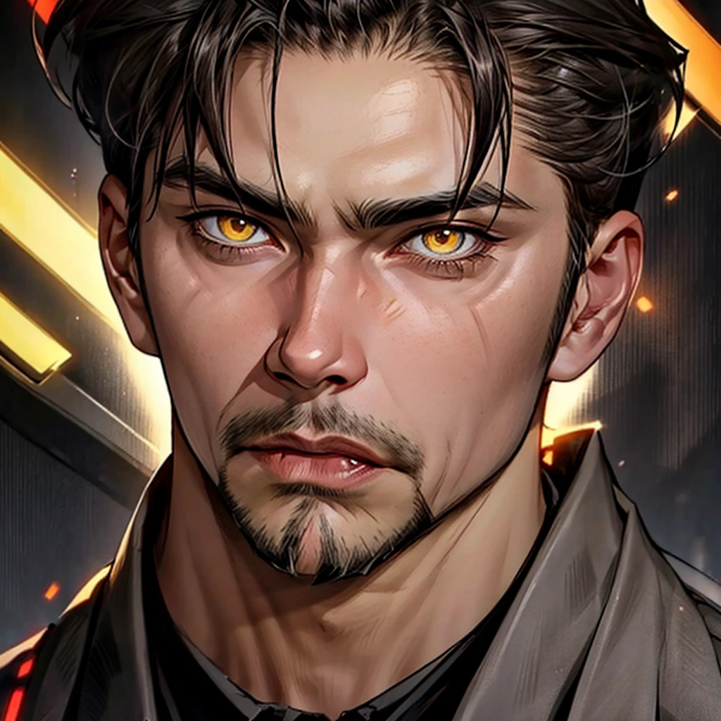 Demon Tony Stark, Young face, sharp fangs, eyes glow brightly, Yellow eyes, looking into the camera, Face darkened, Half-turn face, dark background, portrait, gloomy, gray in color