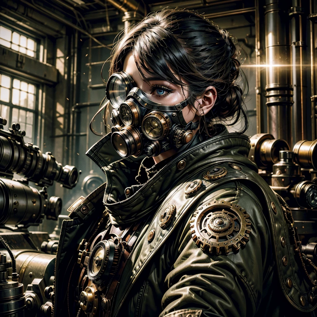 a steampunk woman in a steampunk military uniform, surreal battlefield, detailed face and eyes, intricate machinery, gears, cogs, brass, copper, goggles, gas mask, metal, steam, dramatic lighting, moody atmosphere, cinematic, epic, fantasy, concept art, digital painting, (best quality,4k,8k,highres,masterpiece:1.2),ultra-detailed,(realistic,photorealistic,photo-realistic:1.37)