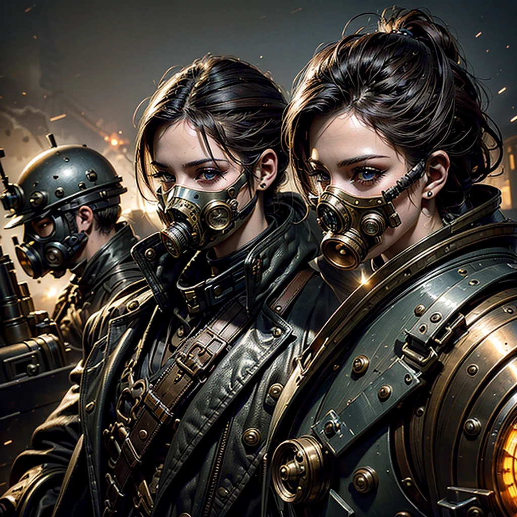 a steampunk woman in a steampunk military uniform, surreal battlefield, detailed face and eyes, intricate machinery, gears, cogs, brass, copper, goggles, gas mask, metal, steam, dramatic lighting, moody atmosphere, cinematic, epic, fantasy, concept art, digital painting, (best quality,4k,8k,highres,masterpiece:1.2),ultra-detailed,(realistic,photorealistic,photo-realistic:1.37)
