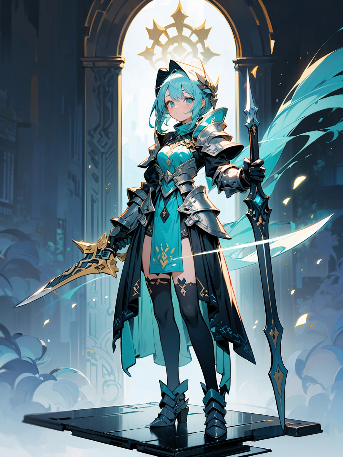 (((masterpiece, best quality, high detailed, 8k))) Design a layout showcase Gaming character, (1girl). Green|Gold clothes, stylish and unique. ((showcase weapon:1.4)), nature staff. (masterpiece:1.2), (best quality), 4k, ultra-detailed. (Step by step design, layout art:1.5), (luminous lighting, atmospheric lighting). druid, ((glove full hands)), (((revealing clothes:1.3))), vambraces, armored legwear, (((full_body_shot:1.4))). {In a magical meadow}.