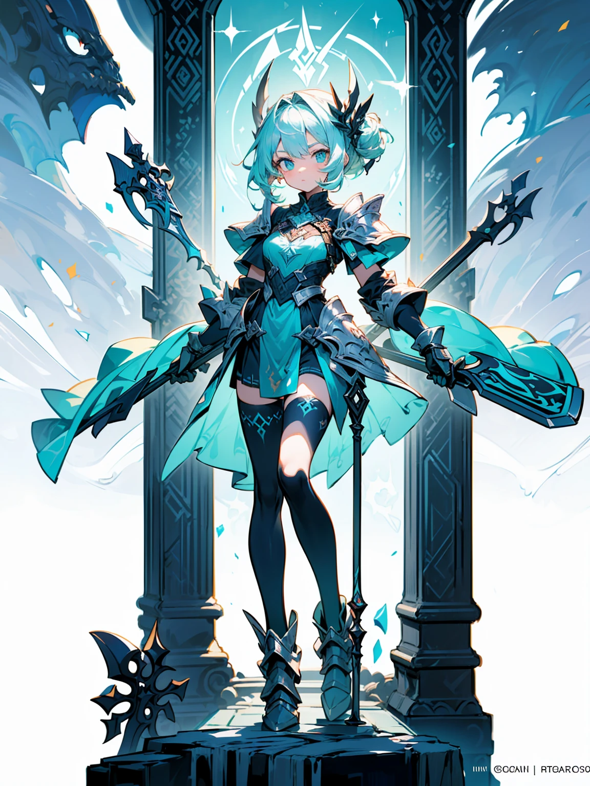 (((masterpiece, best quality, high detailed, 8k))) Design a layout showcase Gaming character, (1girl). Green|Gold clothes, stylish and unique. ((showcase weapon:1.4)), nature staff. (masterpiece:1.2), (best quality), 4k, ultra-detailed. (Step by step design, layout art:1.5), (luminous lighting, atmospheric lighting). druid, ((glove full hands)), (((revealing clothes:1.3))), vambraces, armored legwear, (((full_body_shot:1.4))). {In a magical meadow}.