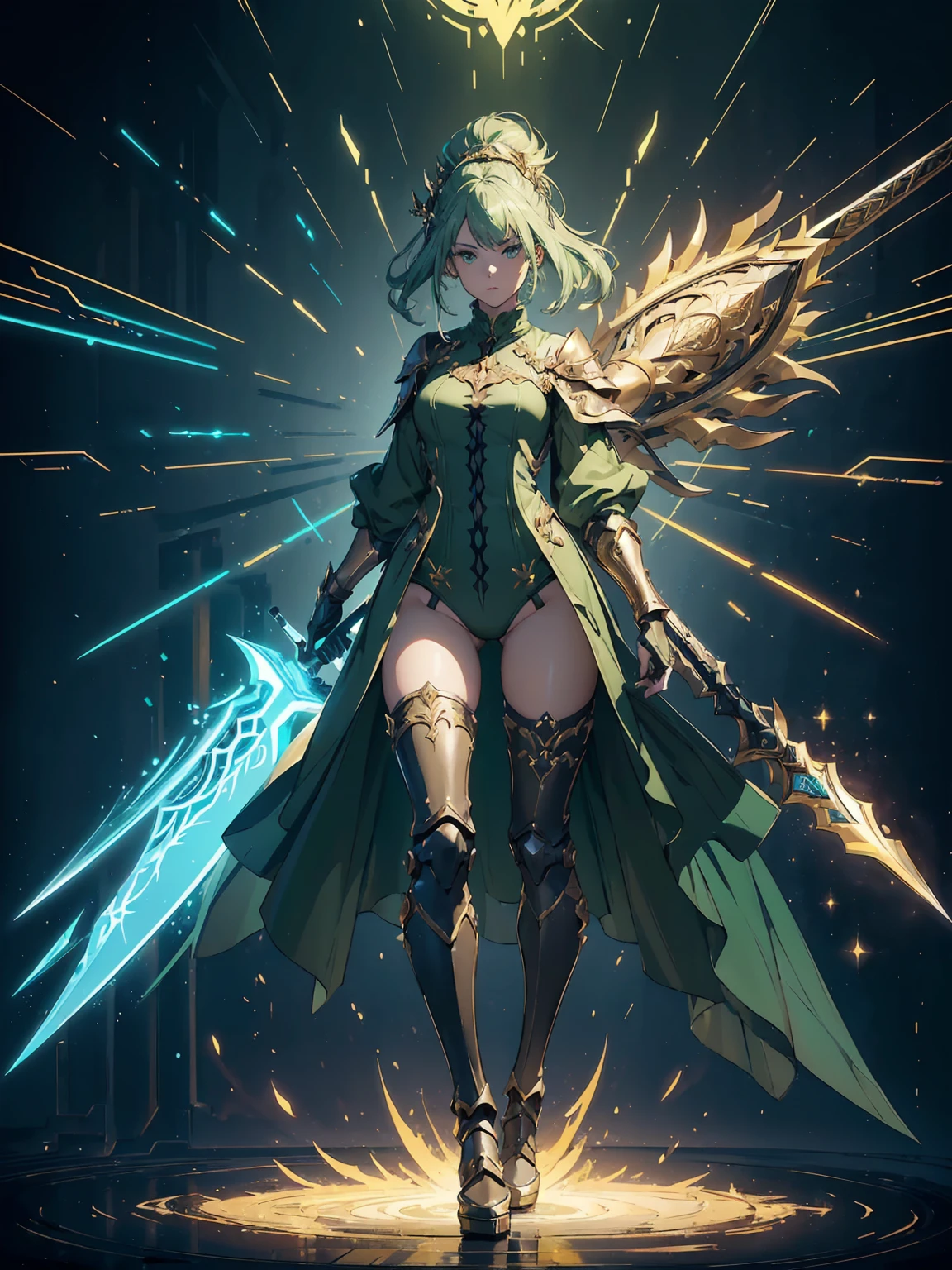 (((masterpiece, best quality, high detailed, 8k))) Design a layout showcase Gaming character, (1girl). Green|Gold clothes, stylish and unique. ((showcase weapon:1.4)), nature staff. (masterpiece:1.2), (best quality), 4k, ultra-detailed. (Step by step design, layout art:1.5), (luminous lighting, atmospheric lighting). druid, ((glove full hands)), (((revealing clothes:1.3))), vambraces, armored legwear, (((full_body_shot:1.4))). {In a magical meadow}.