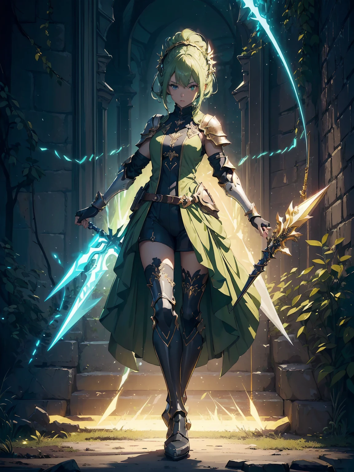 (((masterpiece, best quality, high detailed, 8k))) Design a layout showcase Gaming character, (1girl). Green|Gold clothes, stylish and unique. ((showcase weapon:1.4)), nature staff. (masterpiece:1.2), (best quality), 4k, ultra-detailed. (Step by step design, layout art:1.5), (luminous lighting, atmospheric lighting). druid, ((glove full hands)), (((revealing clothes:1.3))), vambraces, armored legwear, (((full_body_shot:1.4))). {In a magical meadow}.