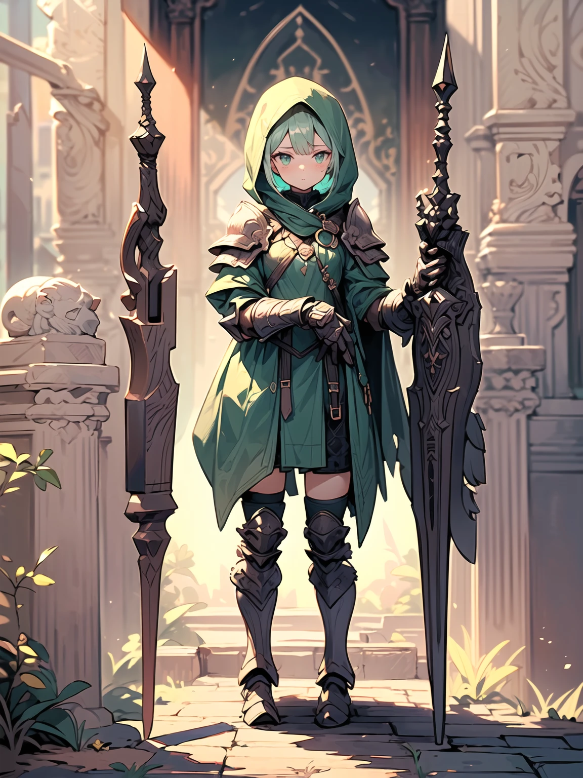 (((masterpiece, best quality, high detailed, 8k))) Design a layout showcase Gaming character, (1girl). Green|Gold clothes, stylish and unique. ((showcase weapon:1.4)), nature staff. (masterpiece:1.2), (best quality), 4k, ultra-detailed. (Step by step design, layout art:1.5), (luminous lighting, atmospheric lighting). druid, ((glove full hands)), (((revealing clothes:1.3))), vambraces, armored legwear, (((full_body_shot:1.4))). {In a magical meadow}.