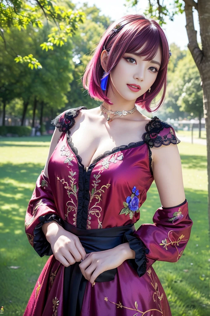 (masterpiece:1.4), (best quality:1.4), ultra high res, ultra high resolution, ((detailed facial features)), HDR, (realistic, photorealistic, photo-realistic:1.37), full body Esbian, sexy Japanese model, (-anime), only 1 model, vivid colors, ((vivid colors multicolor (fuchsia, pink, light blue, purple) very short hair)), (happy smile), lip-gloss, long lashes, ultra detailed metallic makeup, defined eyebrows, wearing a red silk Paradise Kiss cosplay dress with black floral embroidery, ((vivid colors outfit)), vivid colors, look at the camera, cinematic light, large park background with trees, sweet and sexy pose