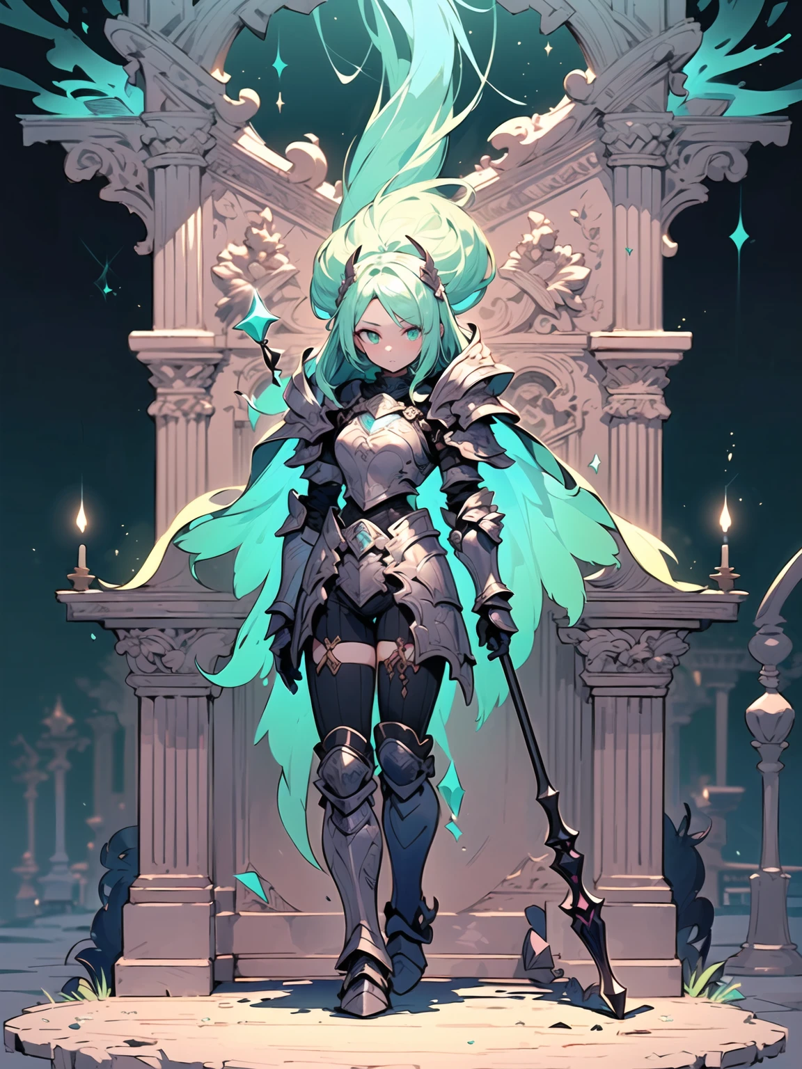 (((masterpiece, best quality, high detailed, 8k))) Design a layout showcase Gaming character, (1girl). Green+Gold armor, stylish and unique. ((showcase weapon:1.4)), nature staff. (masterpiece:1.2), (best quality), 4k, ultra-detailed. (Step by step design, layout art:1.5), (luminous lighting, atmospheric lighting). druid, ((glove full hands)), (((revealing armor:1.3))), vambraces, armored legwear, (((full_body_shot:1.4))). {In a magical meadow}.