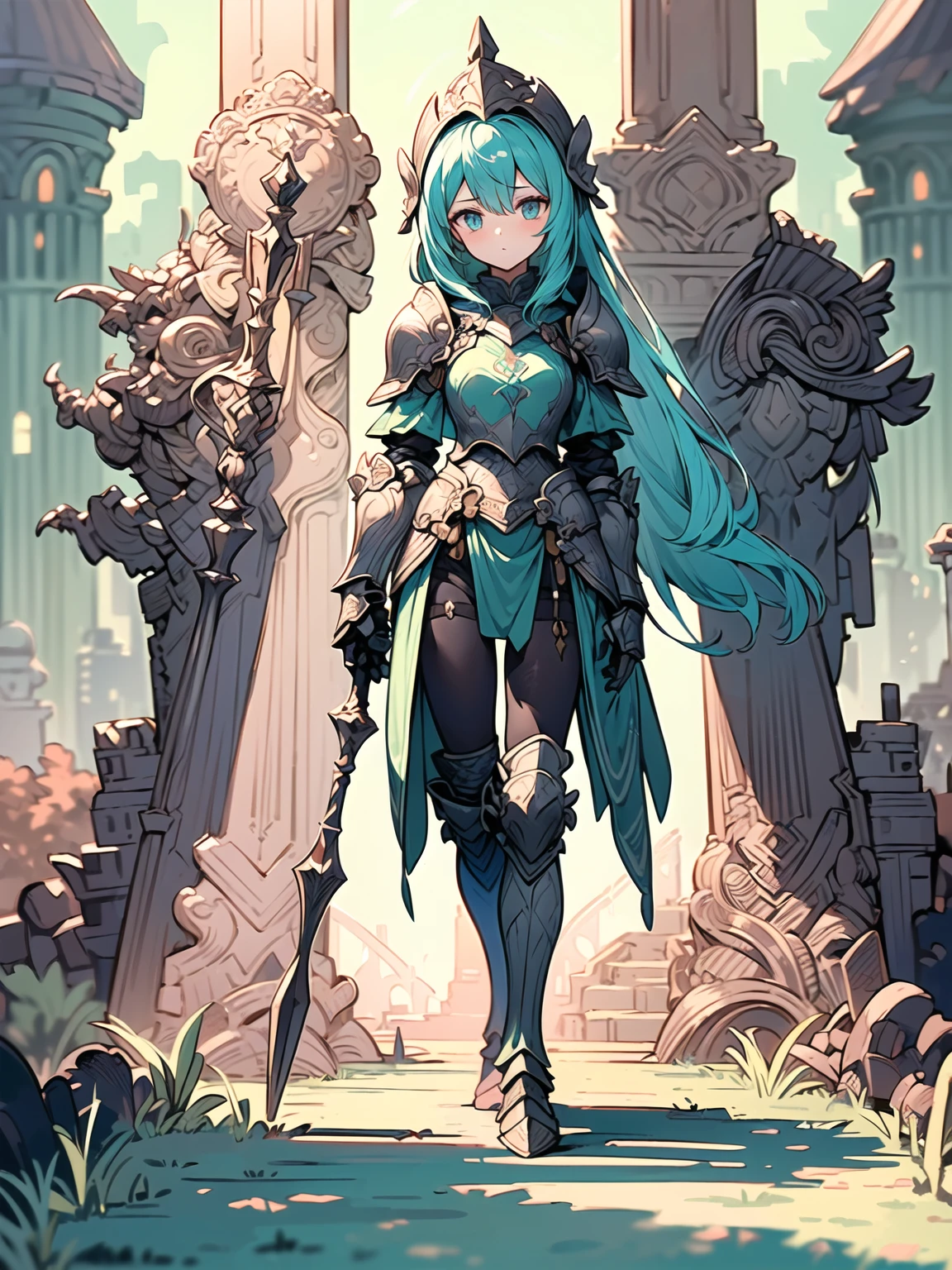 (((masterpiece, best quality, high detailed, 8k))) Design a layout showcase Gaming character, (1girl). Green+Gold armor, stylish and unique. ((showcase weapon:1.4)), nature staff. (masterpiece:1.2), (best quality), 4k, ultra-detailed. (Step by step design, layout art:1.5), (luminous lighting, atmospheric lighting). druid, ((glove full hands)), (((revealing armor:1.3))), vambraces, armored legwear, (((full_body_shot:1.4))). {In a magical meadow}.