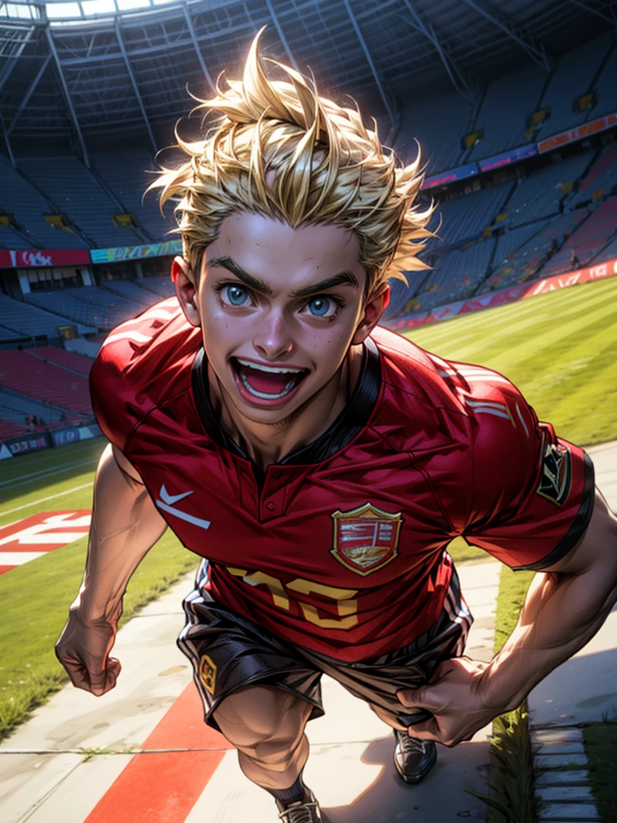 score_9, score_8_above, score_7_above, mirio, short hair, by rubio, spiky hair, smile BREAK no shirt, muscular, Shorts, BREAK looking at viewer, Upper part of the body, closeup BREAK, Stadium, grass field, soccer ball, BREAK (masterpiece:1.2), Best Quality, High resolution, unity wallpaper 8k, (illustration:0.8), extremely detailed face, perfect lighting, Extremely detailed CG, (perfect hands, perfect anatomy),