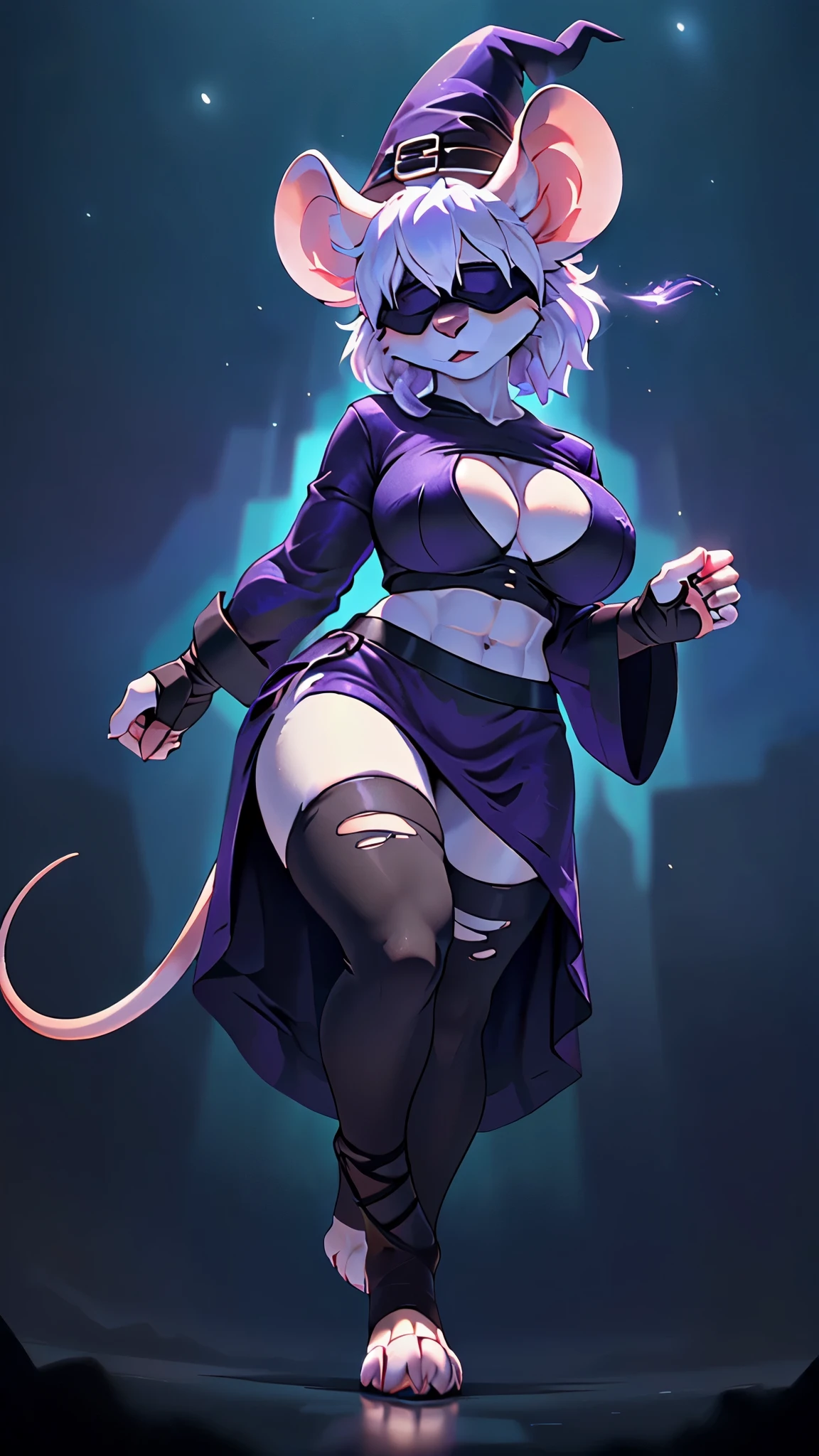 (((sfw))), masterpiece, top quality, best quality, highly detailed, 8k, super high resolution, absurdres, perfect anatomy, ((solo focus, dynamic angle)), depth of field, ((posing)), (((female anthro all white mouse, all white body))), (adult), ((black-purple blindfold)), ((long white hairstyle)), ((muscular, hourglass figure, large breasts, toned legs, wide hips, bare midriff, cleavage cutout)), (((sorceress, witch))), (((ripped black-purple robe, black-purple hand wraps, black-purple thigh bandages))), (((cinematic lighting, abstract blue background)))
