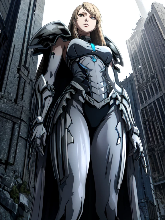 city ruins， A high resolution, (masterpiece:1.4), A very detailed, 1 girl, from below, space,They are standing, wear armor, sharp focus, (cinematic lighting), (1 girl), slight smile，The 5 fingers on each hand are super detailed，Perfect body type：1.4，premium，natural light，extremely delicate，official art，posing in a，