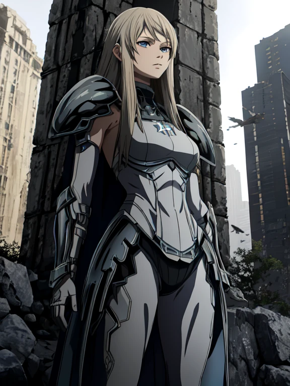 city ruins， A high resolution, (masterpiece:1.4), A very detailed, 1 girl, from below, space,They are standing, wear armor, sharp focus, (cinematic lighting), (1 girl), slight smile，The 5 fingers on each hand are super detailed，Perfect body type：1.4，premium，natural light，extremely delicate，official art，posing in a，