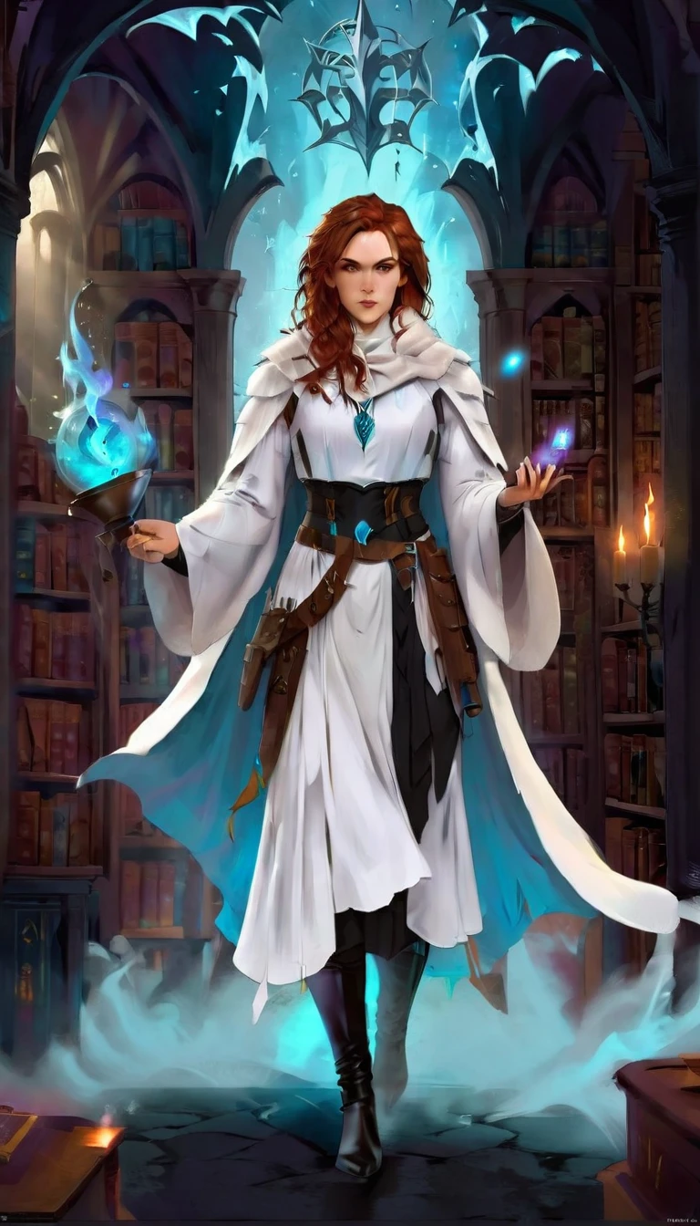 a masterwork picture of a sorceress casting a spell in magical library, exquisite beautiful woman, dynamic hair color, dynamic hair style, ((full body shot: 1.5)), ((anatomically correct: 1.5)), (ultra detailed face: 1.2), best detailed face, high details, best quality, 16k, (long black dress: 1.2), (white cloak: 1.3), high heeled boots (ultra details, Masterpiece, best quality) masterpiece, best quality, (extremely detailed), full body, ultra wide shot, (ultra details, Masterpiece, best quality), fantasy art, dnd art,fantasy art, realistic art, (ultra details, Masterpiece, best quality), (ultra details, Masterpiece, best quality), IceMagicAI, Hyperrealism style, rpg portrait photograph