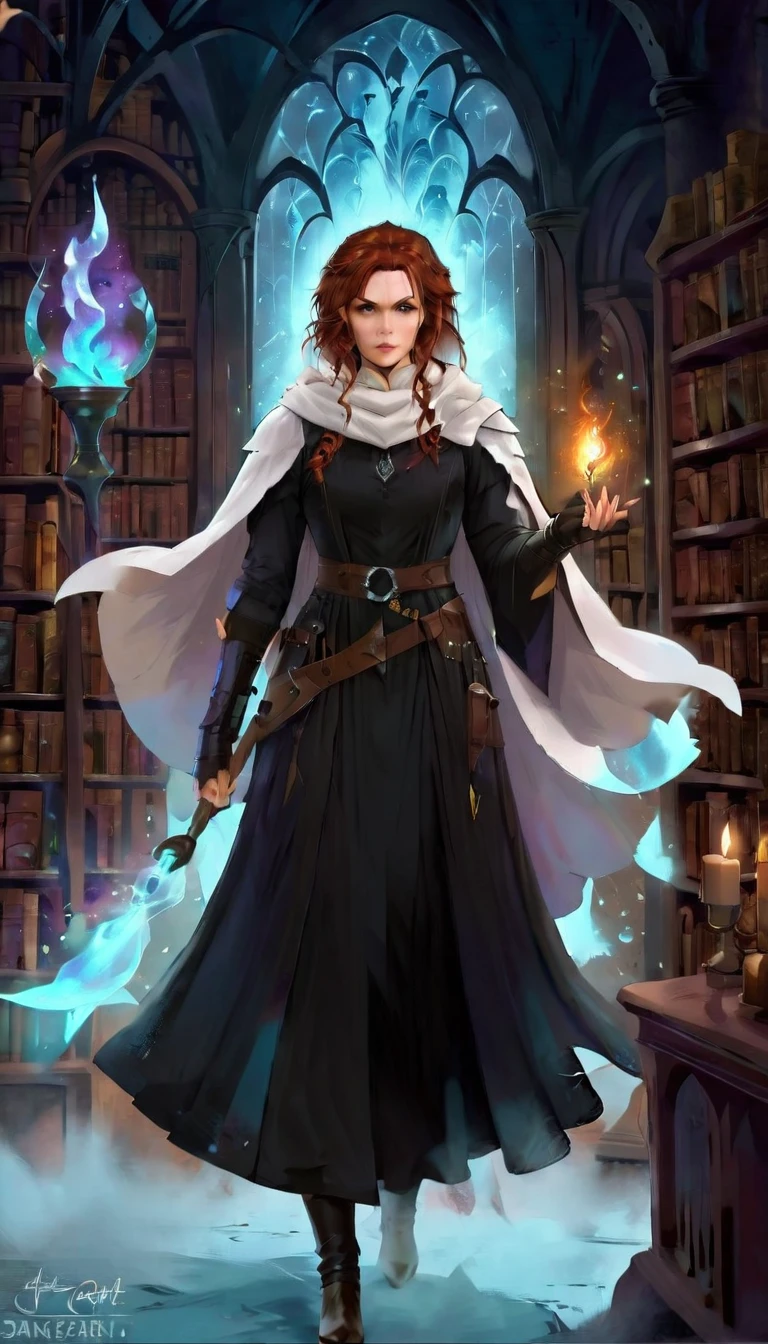 a masterwork picture of a sorceress casting a spell in magical library, exquisite beautiful woman, dynamic hair color, dynamic hair style, ((full body shot: 1.5)), ((anatomically correct: 1.5)), (ultra detailed face: 1.2), best detailed face, high details, best quality, 16k, (long black dress: 1.2), (white cloak: 1.3), high heeled boots (ultra details, Masterpiece, best quality) masterpiece, best quality, (extremely detailed), full body, ultra wide shot, (ultra details, Masterpiece, best quality), fantasy art, dnd art,fantasy art, realistic art, (ultra details, Masterpiece, best quality), (ultra details, Masterpiece, best quality), IceMagicAI, Hyperrealism style, rpg portrait photograph