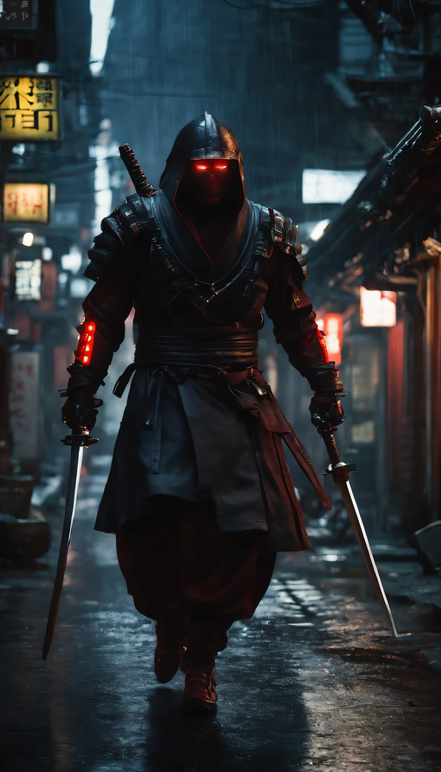 Two ninja shinobi walking street cyberpunk robot cyborg .big thighs.Wallking street
two samurais walking down a street at night, yasuke.Ninja wearing conical hat. shinobi Cyborg. Red eyes, devil mask, rain. Dark night. Equipped with Sword on back. Katana on back. Robot. gears. screws. lights. wires on back. Arresting monsters in alleys.real. tokyo.red suit. UE5 CGI