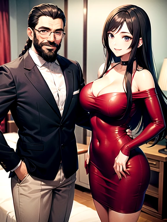 A man with a perfect face stands next to a woman with a perfect face. They both want underwear clothes and they stand in the guest room with a red cake in front of themThe woman has very long black hair, styled in braids, and the man has a large beard and mustache ,two smiling faces,Two perfect faces 