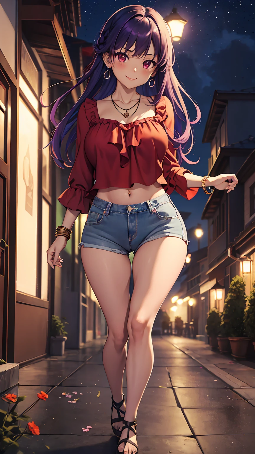 1girl, anime girl, anime, (dark skin), stylish girl, bracelet, necklace, earrings, 2d girl, 18y, (fullbody), standing, anime girl, seductive smile, (purple hair), flowing hair, hair flowing in the wind, ((red blouse)), Solo, Slim, Big Breasts, Tight Shorts, low waist shorts, upshorts, outdoors, night background, flowers, looking at viewer, darker shadows, (((Wedgie))), (((explicit))), (((shorts))), (((absurdres))), (((thigh gap))), (((cameltoe))), (((cleft of venus))), (((lowleg shorts))),