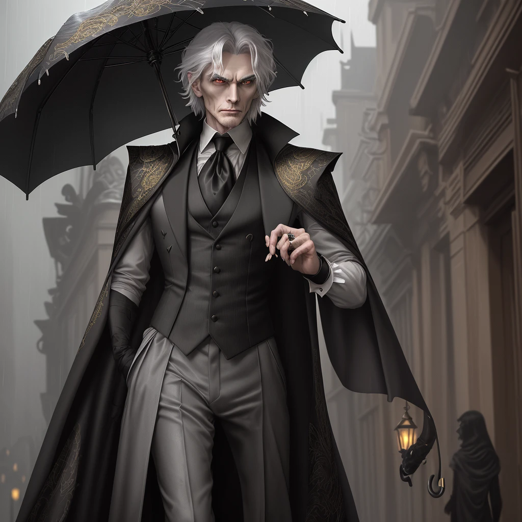 Create an image of a distinguished and imposing vampire man, lonely on a rainy night. His green eyes are piercing, as if capturing the light of a moon hidden by clouds. Your hair is short, black and well trimmed, highlighting the angular shape of your face and your striking features.

He wears a black velvet cape, which has a dark red lining with subtle gold leaf patterns, that shines in the diffused light. The cover is long and fluid, with a tail that extends dramatically behind him, moving with the breeze. Under the cover, He wears a black brocade vest with silver trim and a white shirt with a high collar, with slightly puffed sleeves.

In one hand, he holds a black umbrella, chic, with a silver handle carved with ancient symbols. Your slender, pale hands, with long fingers and well-groomed nails, contrast with the umbrella. On your ring finger, an antique silver ring with a detailed carved signet displays an emblem of an ancient noble family. The surrounding environment is a gloomy and empty street, illuminated only by the soft light of streetlights, accentuating its aura of mystery and power.
