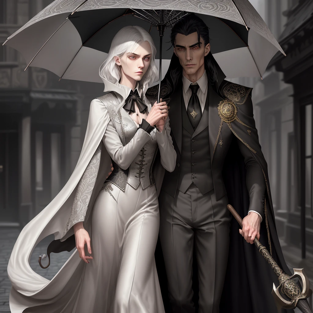 Create an image of a distinguished and imposing vampire man, lonely on a rainy night. His green eyes are piercing, as if capturing the light of a moon hidden by clouds. Your hair is short, black and well trimmed, highlighting the angular shape of your face and your striking features.

He wears a black velvet cape, which has a dark red lining with subtle gold leaf patterns, that shines in the diffused light. The cover is long and fluid, with a tail that extends dramatically behind him, moving with the breeze. Under the cover, He wears a black brocade vest with silver trim and a white shirt with a high collar, with slightly puffed sleeves.

In one hand, he holds a black umbrella, chic, with a silver handle carved with ancient symbols. Your slender, pale hands, with long fingers and well-groomed nails, contrast with the umbrella. On your ring finger, an antique silver ring with a detailed carved signet displays an emblem of an ancient noble family. The surrounding environment is a gloomy and empty street, illuminated only by the soft light of streetlights, accentuating its aura of mystery and power.
