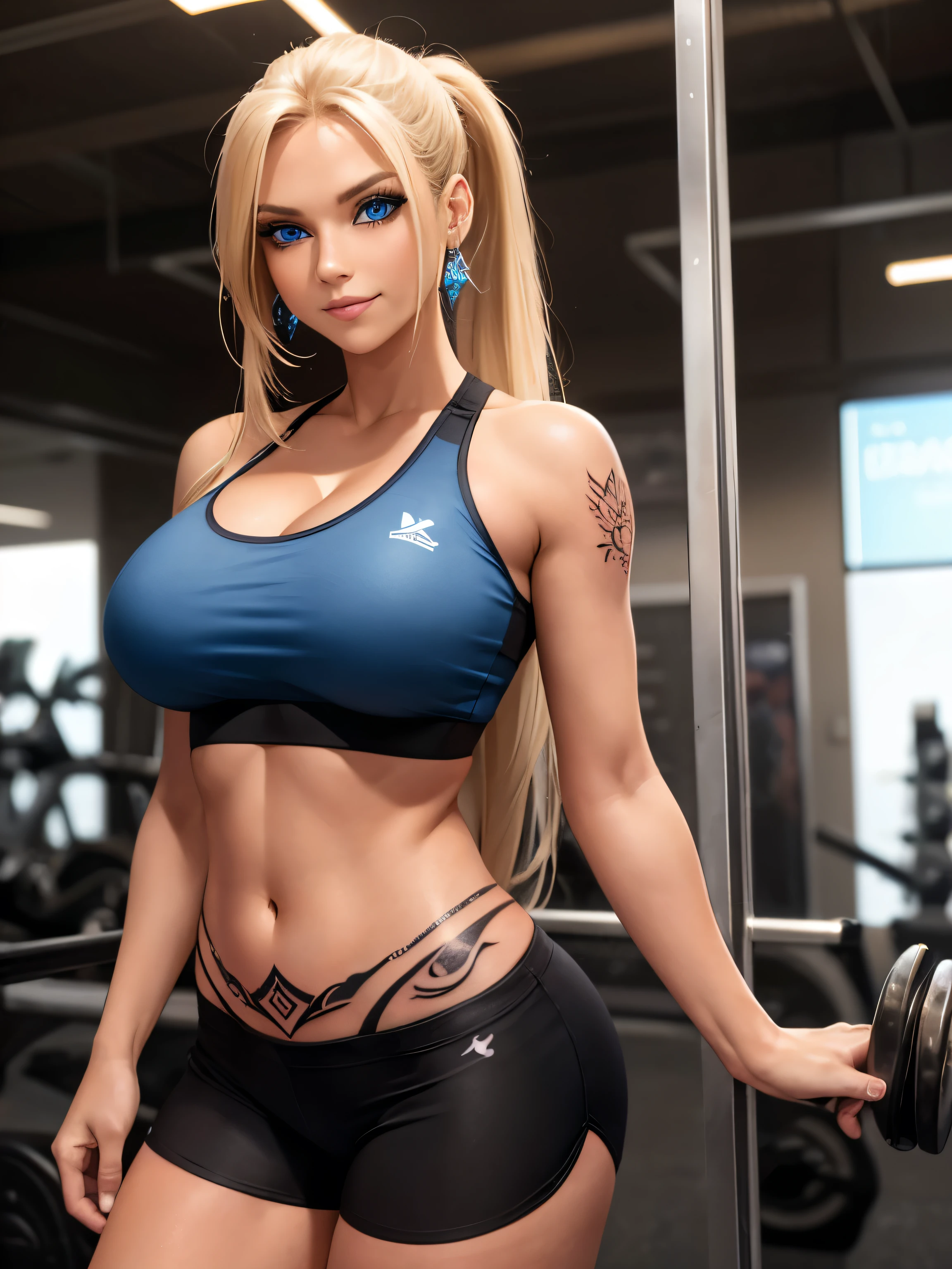 Woman, Blonde, Long Hair, Ponytail, (Crystal Blue Eyes), (Tanned skin), 5'2" tall, (Very huge breasts), (Large Butt), Dark Eyeliner, ((Tattoos on Arms)), Gym Clothes, Spandex Shorts, Sports Bra, Cleavage, coy smile, rearview, from behind