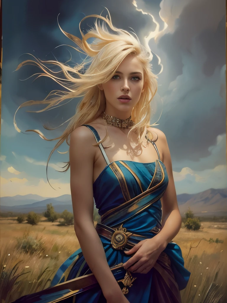 (masterpiece), cartoon, best quality，(photo_(medium):1.0), by Antonio J. Manzanedo, by Jeremy Lipking, lightning, in a surreal landscape, painting style with watercolor, (Brushstrokes:1.8),colorful，vibrant colors,1 ultra hot gorgeous European woman. Age 23. Blonde hair. Ace of spade.