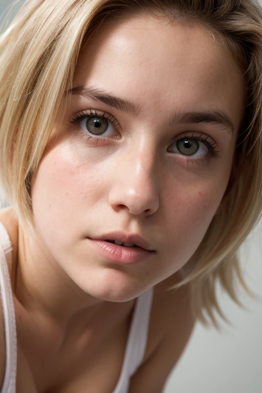 A troubled looking 19 yo blonde  girl in a white tank top. Cleavage. Close up big nose. Full lips. Eyes wide. Slender face. Very short hair