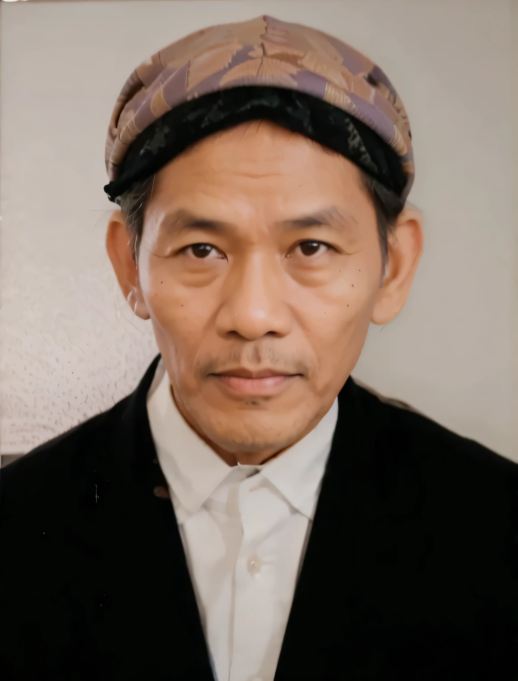 A father from Indonesia wears a traditional batik cloth head covering with realistic 