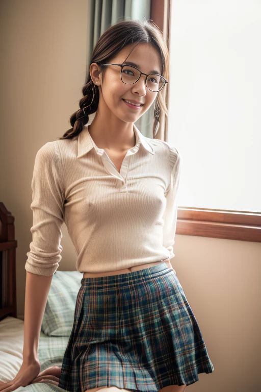 masterpiece, best quality, ultra quality, high quality, realistic, photo realistic, warm lighting,natural lighting,cinematic lighting,RAW photo, hyper detailed, intricate detailed, perfect anatomy, Fujifilm XT3,1girl,Japanese,(slender abs:1.3), hairy pussy,camel toe, Black semi-long twin braids, (from front:1.1),(look at camera:1.1),smile,(blushing:1.3),teary eyes,(standing:1.2),bedroom,(mideum shot),Glasses,(smile),(no bra,braless:1.3),(wearing collared white blouse:1.3),(wearing striped panty:1.3),(wearing tartan check skirt:1.3),braless,