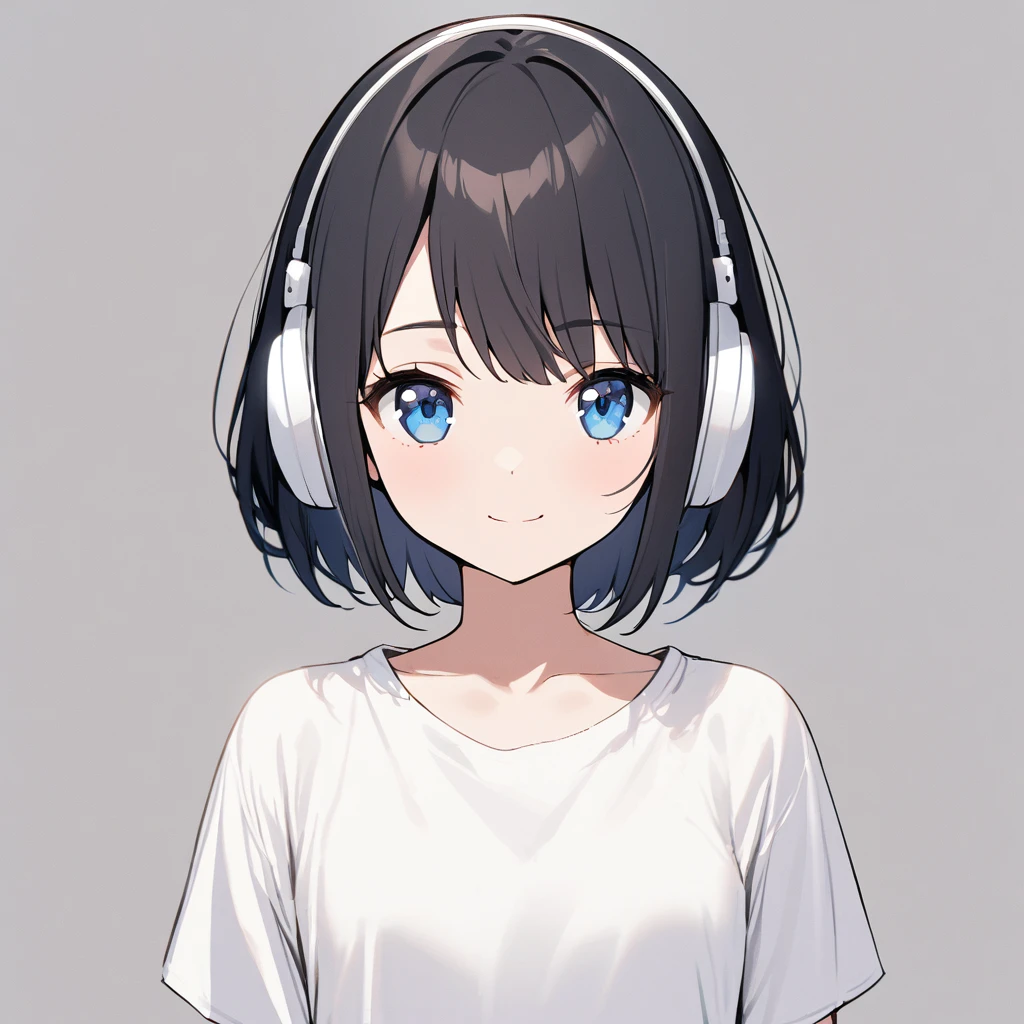 beautiful 1girl, solo, gentle smile on her face flat chest, short hair, black hair, blue eyes, young, adult woman, blank background, while wearing wireless white headphones, white t shirt
