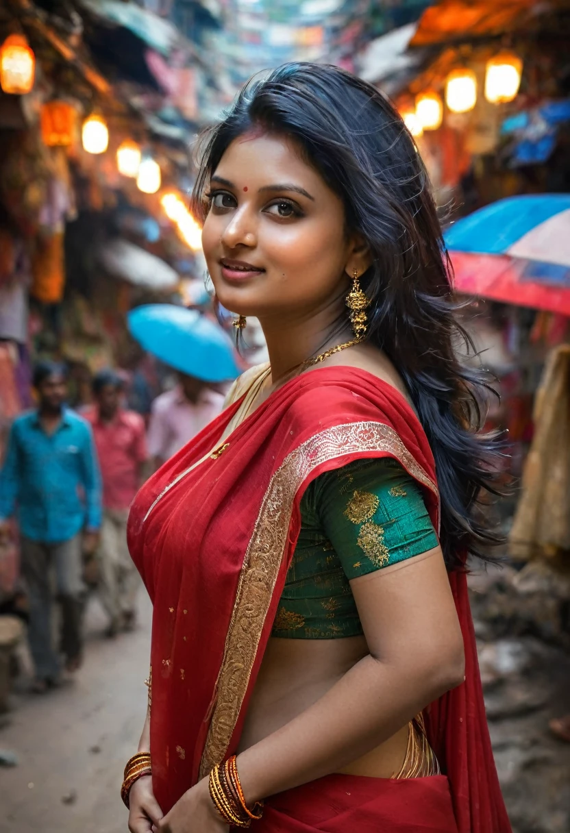 In the bustling streets of a vibrant Indian city, amidst the kaleidoscope of colors and scents, with big  and curvy ass clad in a vibrant red saree and a sphagetti blouse becomes an ethereal sight that captivates all who lay eyes upon her. Her undeniable beauty transcends time and space, leaving onlookers spellbound.

Describe the scene as the woman, with her graceful presence, glides through a crowded marketplace, where merchants and shoppers pause to admire her radiance. The atmosphere is alive with whispers as her mesmerizing allure evokes a sense of awe and admiration.

As the story unfolds, her path intertwines with that of a curious photographer who becomes determined to capture her undeniable beauty in a single photograph. Describe their encounters, the photographer’s attempts to understand her story, and the profound impact this woman’s presence has on his own life.(Blur Background:1.6), (Blue Hue:0.8), (Auto focus:1.4)