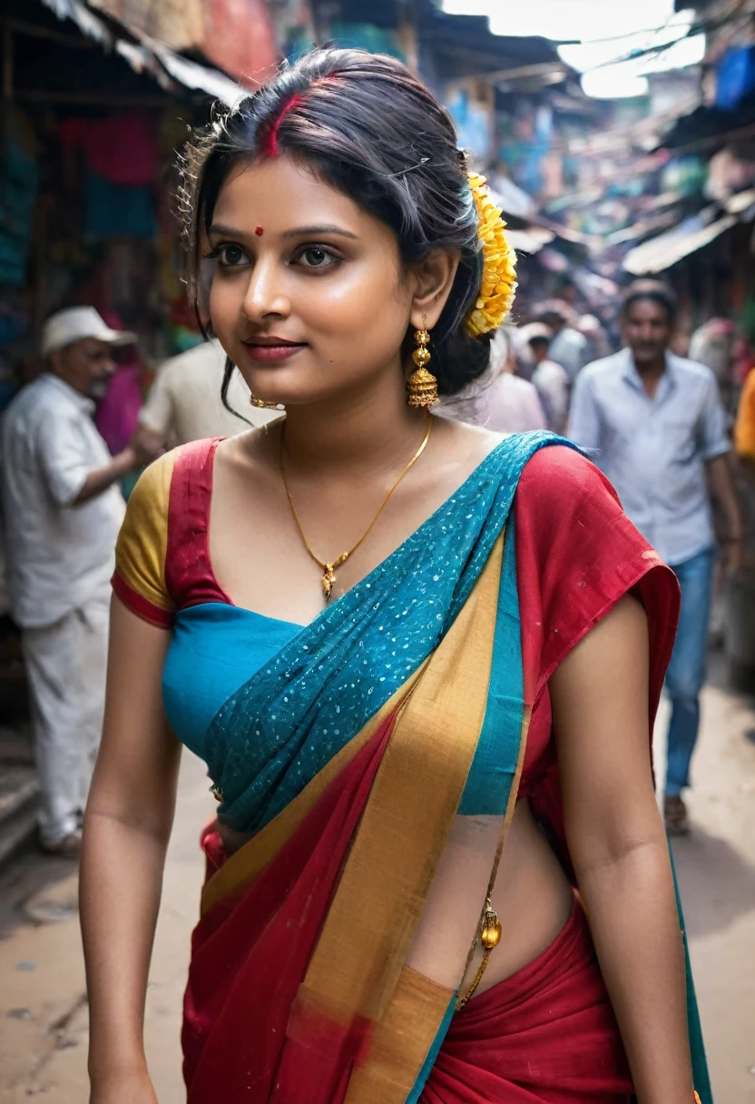 In the bustling streets of a vibrant Indian city, amidst the kaleidoscope of colors and scents, with big and curvy ass clad in a vibrant red saree and a sphagetti blouse becomes an ethereal sight that captivates all who lay eyes upon her. Her undeniable beauty transcends time and space, leaving onlookers spellbound.
Describe the scene as the woman, with her graceful presence, glides through a crowded marketplace, where merchants and shoppers pause to admire her radiance. The atmosphere is alive with whispers as her mesmerizing allure evokes a sense of awe and admiration.
As the story unfolds, her path intertwines with that of a curious photographer who becomes determined to capture her undeniable beauty in a single photograph. Describe their encounters, the photographer’s attempts to understand her story, and the profound impact this woman’s presence has on his own life.(Blur Background:1.6), (Blue Hue:0.8), (Auto focus:1.4)