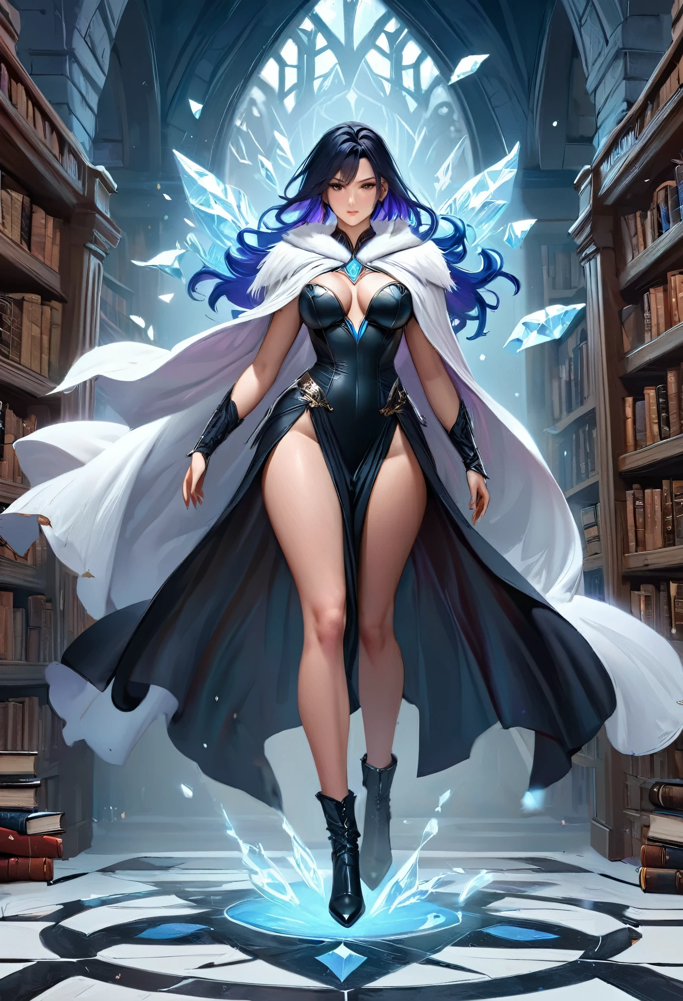 a masterwork picture of a sorceress casting a spell in magical library, exquisite beautiful woman, dynamic hair color, dynamic hair style, ((full body shot: 1.5)), ((anatomically correct: 1.5)), (ultra detailed face: 1.2), best detailed face, high details, best quality, 16k, (long black dress: 1.2), (white cloak: 1.3), high heeled boots (ultra details, Masterpiece, best quality) masterpiece, best quality, (extremely detailed), full body, ultra wide shot, (ultra details, Masterpiece, best quality), fantasy art, dnd art,fantasy art, realistic art, (ultra details, Masterpiece, best quality), (ultra details, Masterpiece, best quality), IceMagicAI, Hyperrealism style, rpg portrait photograph