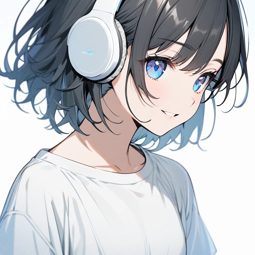 beautiful 1girl, solo, gentle smile on her face flat chest, short hair, black hair, blue eyes, young, adult woman, blank background, while wearing wireless white headphones, white t shirt