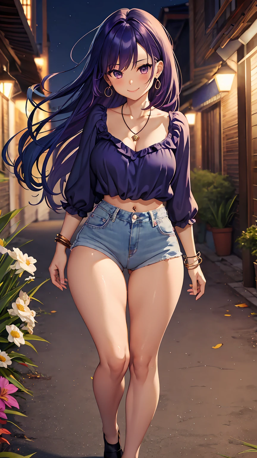 1girl, anime girl, anime, (dark skin), stylish girl, bracelet, necklace, earrings, 2d girl, 18y, (fullbody), standing, anime girl, seductive smile, (purple hair), flowing hair, hair flowing in the wind, ((darkblue blouse)), Solo, Slim, Big Breasts, Tight Shorts, low waist shorts, upshorts, outdoors, night background, flowers, looking at viewer, darker shadows, (((Wedgie))), (((explicit))), (((shorts))), (((absurdres))), (((thigh gap))), (((cameltoe))), (((cleft of venus))), (((lowleg shorts))),