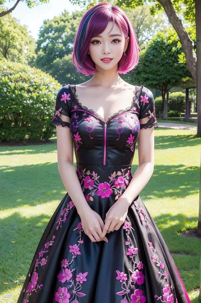 (masterpiece:1.4), (best quality:1.4), ultra high res, ultra high resolution, ((detailed facial features)), HDR, (realistic, photorealistic, photo-realistic:1.37), full body Esbian, sexy Indonesian model, (-anime), only 1 model, vivid colors, ((vivid colors multicolor (fuchsia, pink, light blue, purple) very short hair)), (happy smile), lip-gloss, long lashes, ultra detailed metallic makeup, defined eyebrows, wearing a red silk Paradise Kiss cosplay dress with black floral embroidery, ((vivid colors outfit)), vivid colors, look at the camera, cinematic light, large park background with trees, sweet and sexy pose