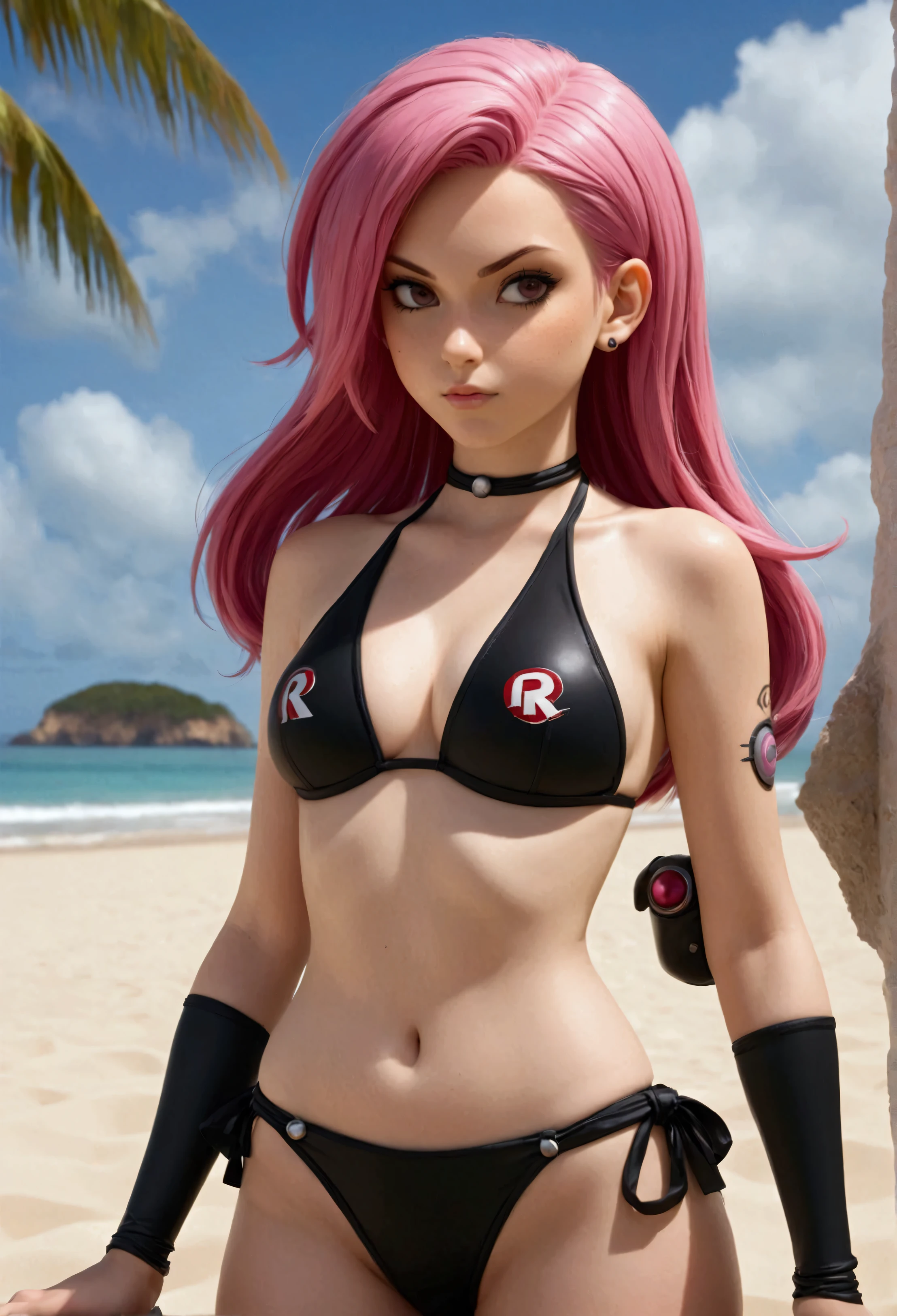 Sexy pink haired girl in a black team rocket bikini